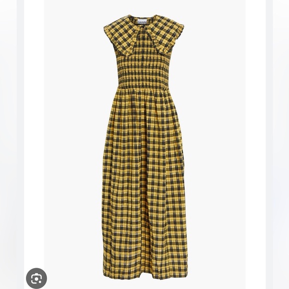 GANNI Collared Plaid Shirred Gingham Seersucker Yellow Maxi Midi Dress 36/ US 6 - Picture 2 of 8